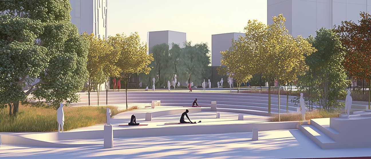 Aerial view of the biophilic wellness landscape, with trees and people moving between terraces