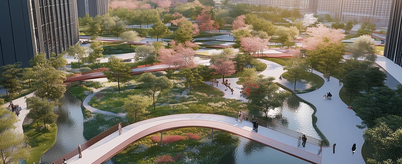 People moving through the landscaped wellness grounds among the trees