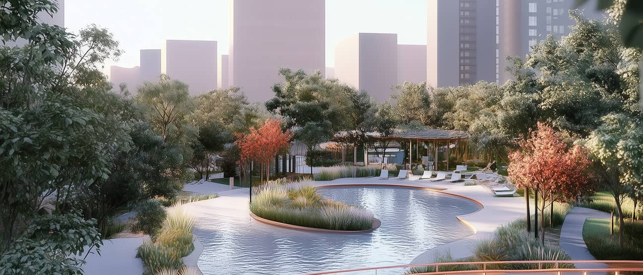Garden pool and planting weaving through the wellness grounds at golden hour