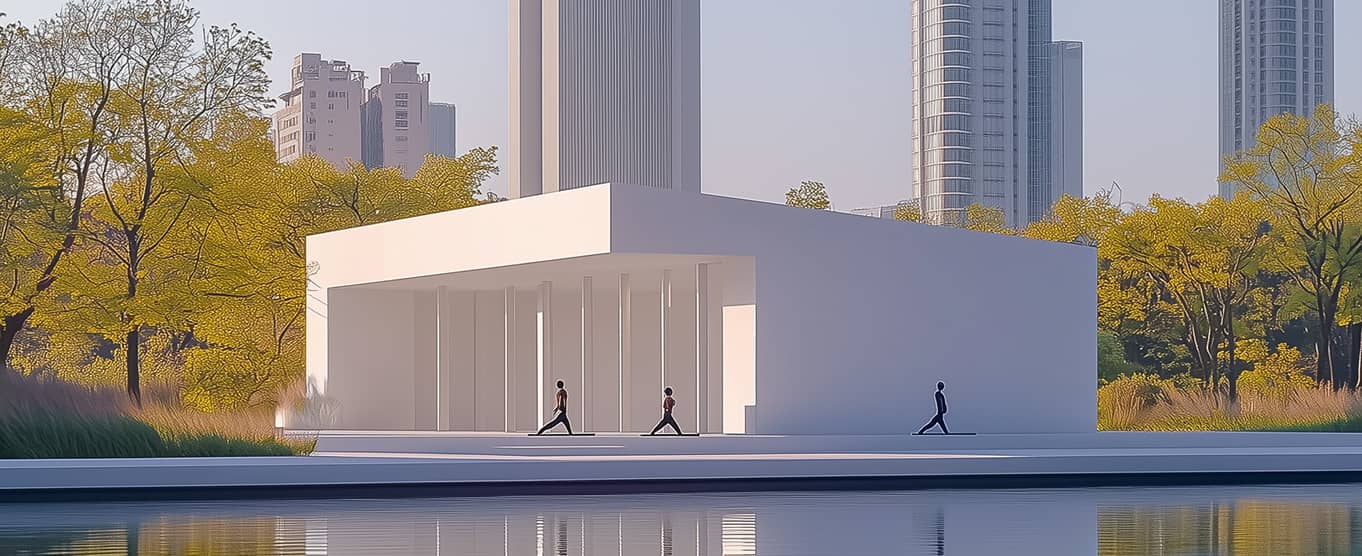 The pavilion architecture beside the water, framed by trees and the city skyline
